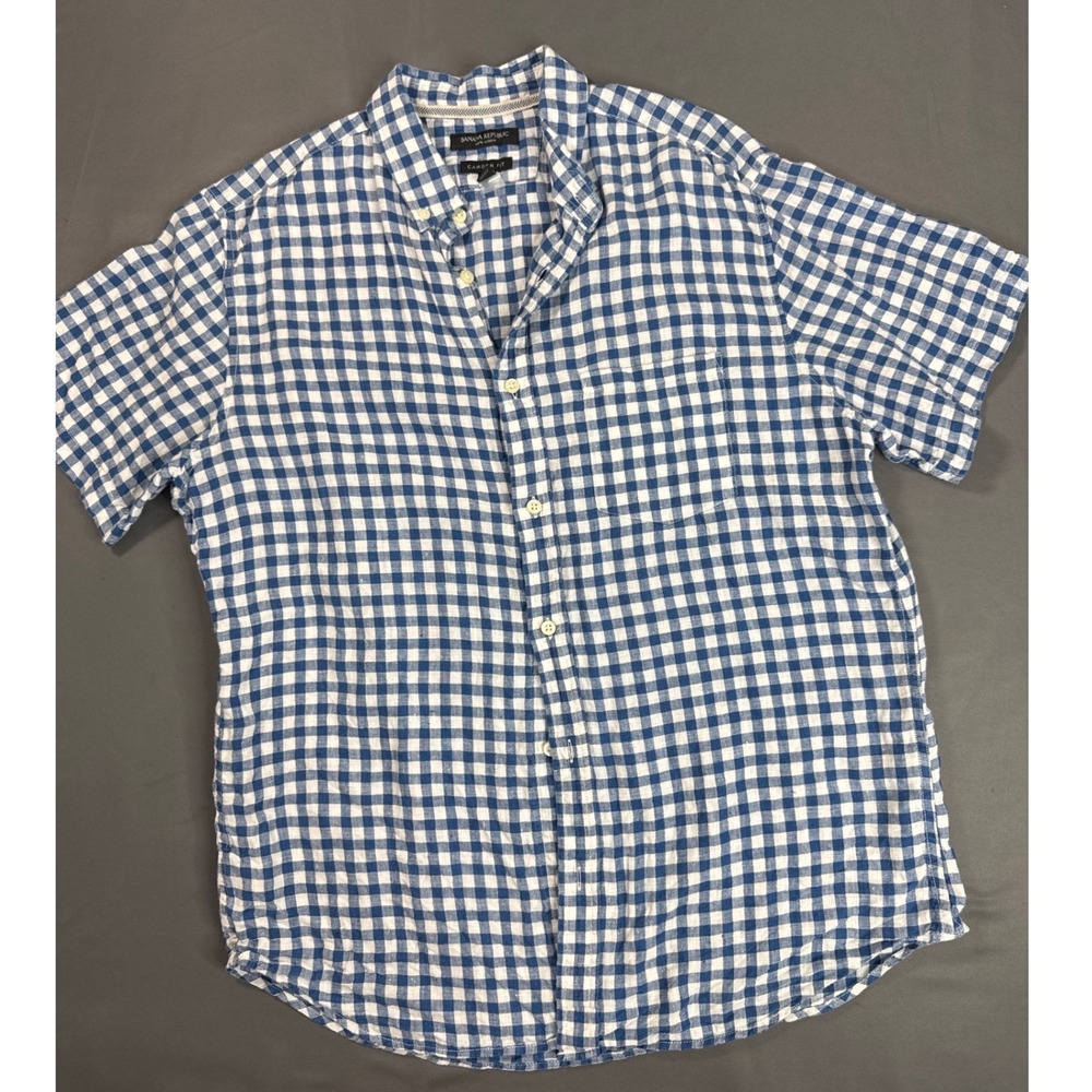 Banana Republic Camden Fit Mens Large Blue White Gingham 100% Linen Shirt SS